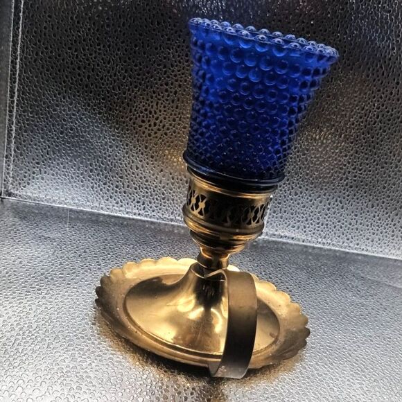 Pair of Vintage Brass Candlestick Holders & Blue Hobnail Glass Hurricane Shades - Picture 9 of 12